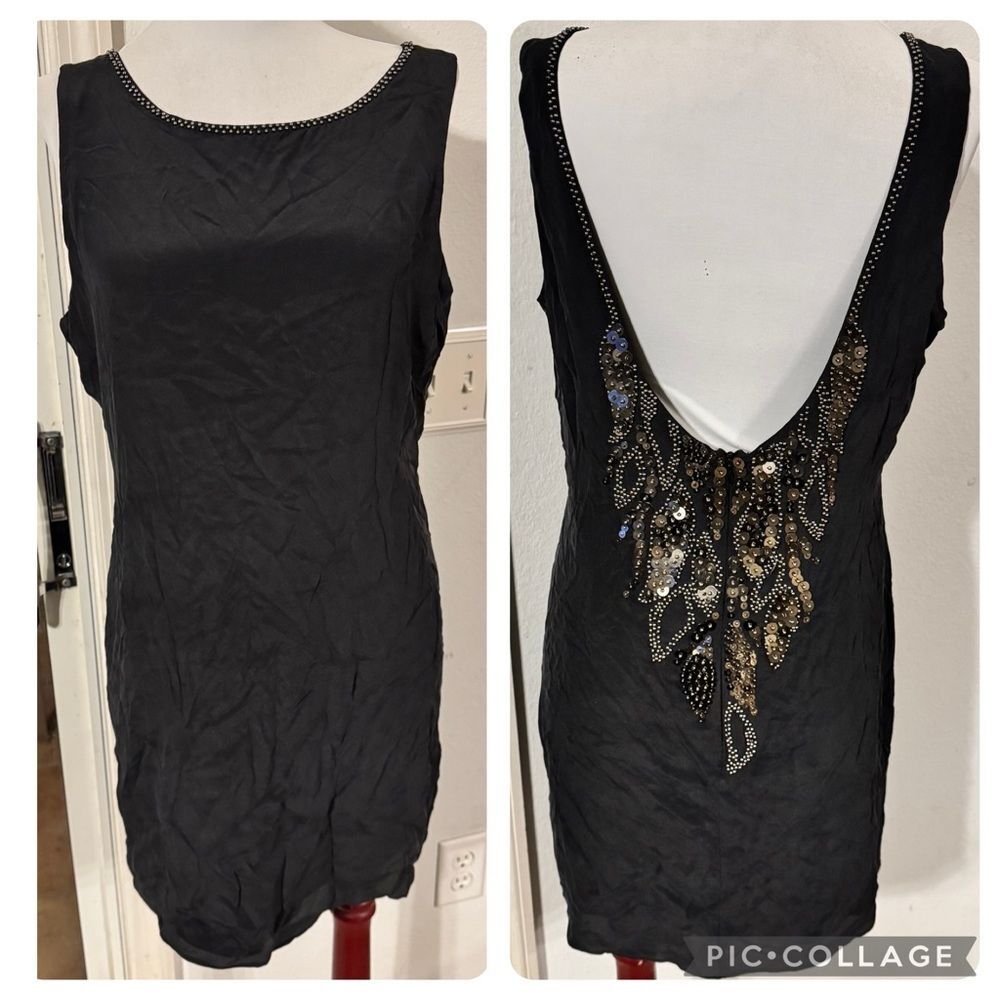 𝅺MM Couture Silk Beaded Embellished Plunging Back Party Cocktail LBD Dress